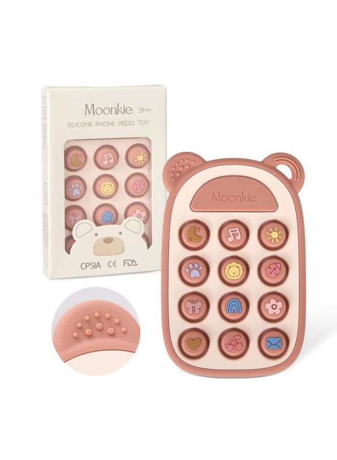 Moonkie Silicone Phone Teether Toy for Babies 3M+ | BPA-Free Sensory Teething Toy with Pop Buttons & Learning Icons | Soft Baby Teether Gift for Girls