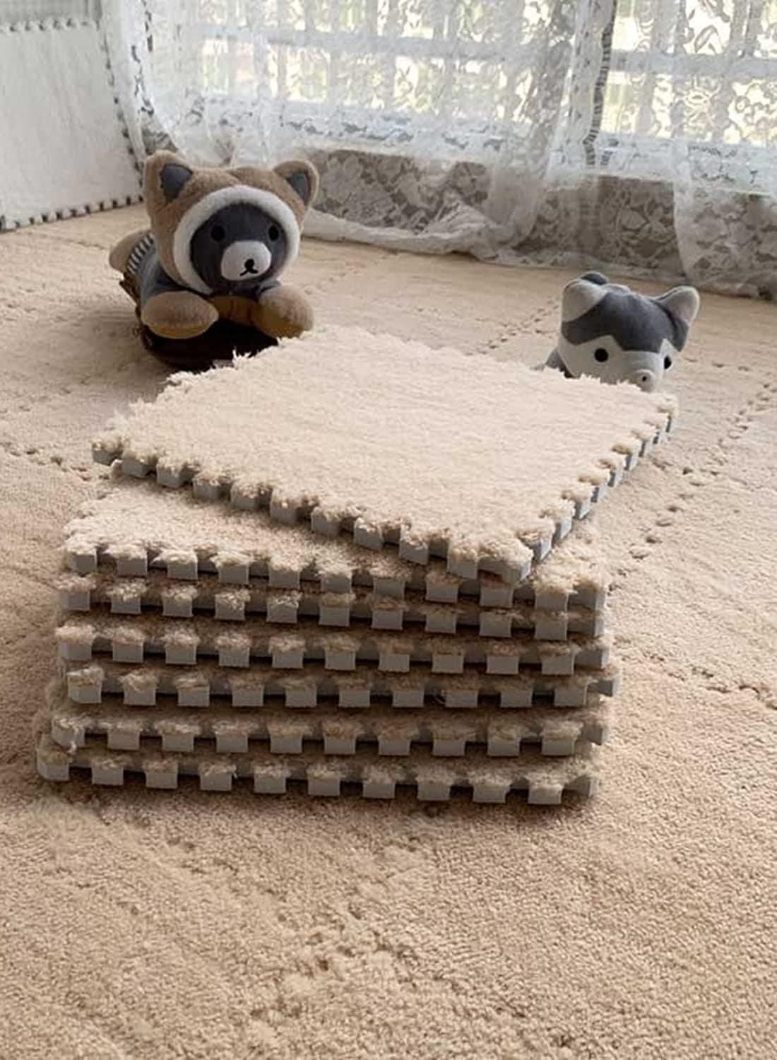 12 Pcs Plush Puzzle Foam Floor Mat,Interlocking Foam Mat Floor Tiles,Comfort Foam Padding,Soft Plush,Non-Slip,Easy to Clean,30x30x1cm for Home Decor/Playroom/Bedroom/Gym (6 Pcs White+ 6 Pcs Light Brown)