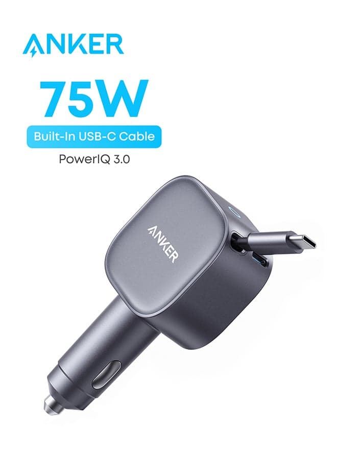USB-C Car Charger, 75W Max Ultra-Compact Type-C Fast Car Charger with Built-In Retractable Cable Car Adapter for iPhone 17/16 Series, Samsung S26/S25/S24, MacBookPro/Air, iPad, and More