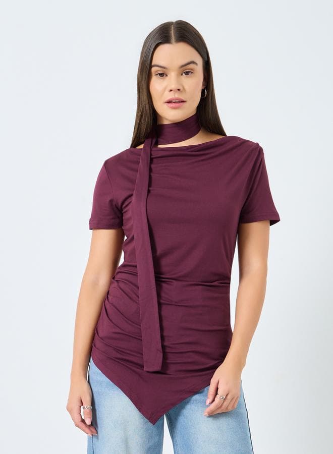 Styli Burgundy Knit Top with Tie Neck Detail