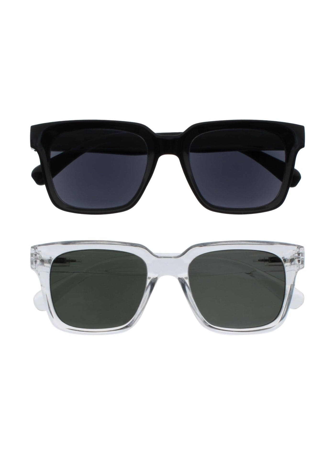 ERA Sunglasses for Women Men, Oversized Rectangular Frame with Spring Hinges, Polarised Black/Green Lens With UV400 Protection,Anti-reflective & Anti-Glare, Black/Clear (Pack of 2)