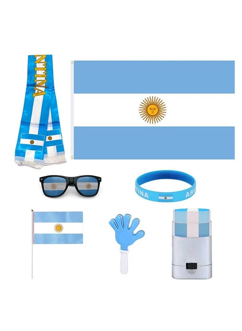 Argentina Football Fan Kit 7-in-1 – Supporter Cheering Accessories Set with Flag, Scarf, Face Paint, Sunglasses, Clappers & Wristband | Football Merchandise for Argentina Fans