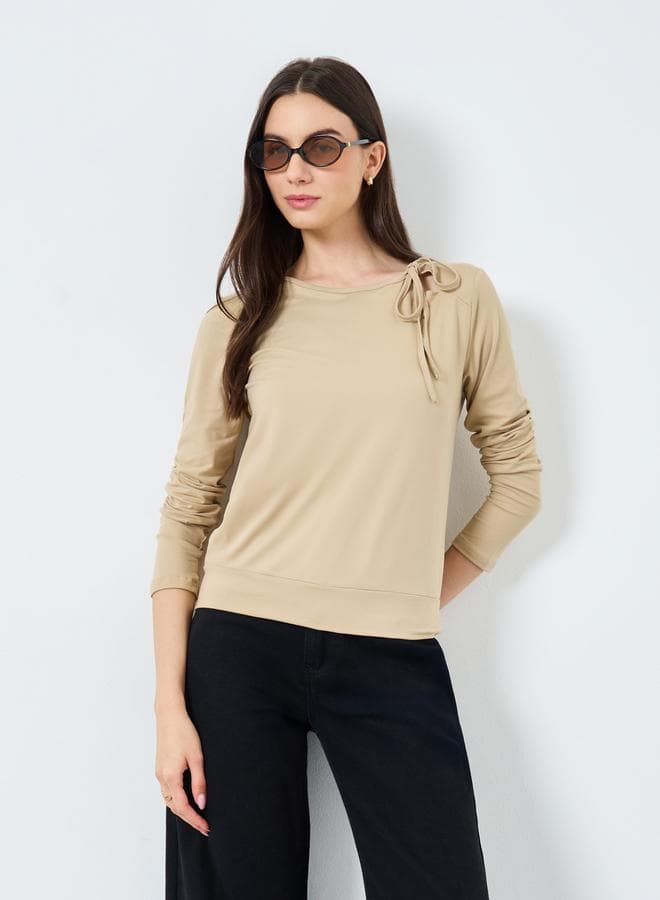 Take Two Beige Long Sleeve Tie Neck Blouse