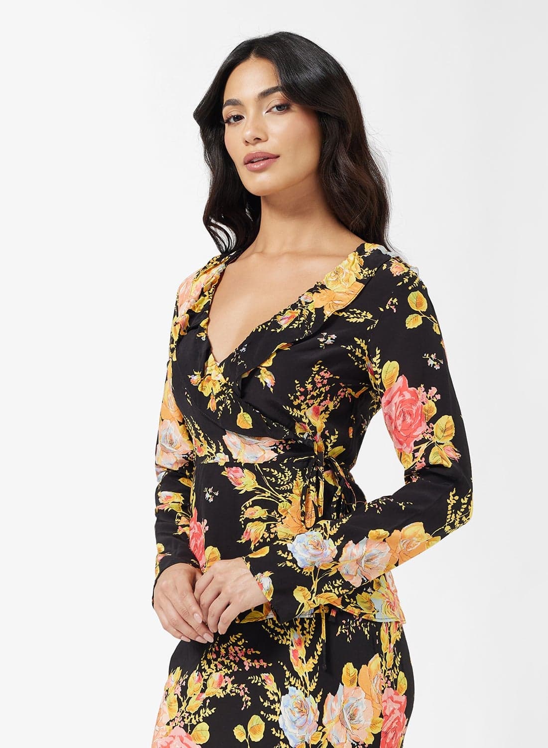Floral Print Long Sleeve Wrap Top