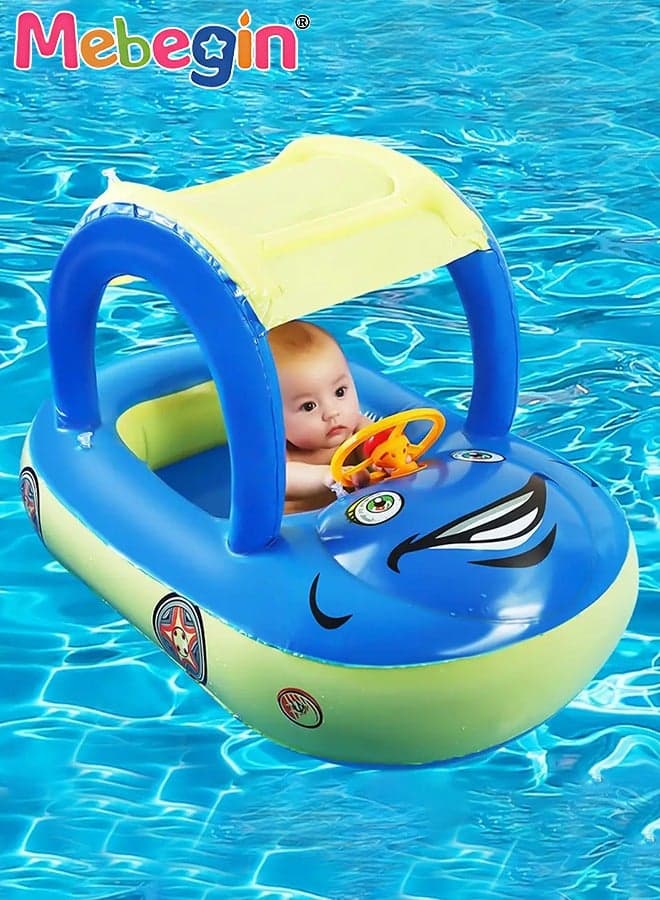 Baby Pool Float with Sun Canopy, Inflatable Swimming Pool Toy with Lovely Patterns and Steering Wheel, Swimming Ring with Safety Seat, Comfortable Infant Floaty, Fun Water Toys for Kids, Suitable for Family Swimming Pools, Outdoor Trips, Lakes and Beaches, 80*60*55cm