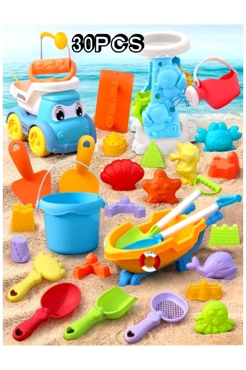 30-piece colorful children's beach toy set for sand digging, water play, outdoor fishing, gardening, and space-themed gardening with kudzu root toys and sand.