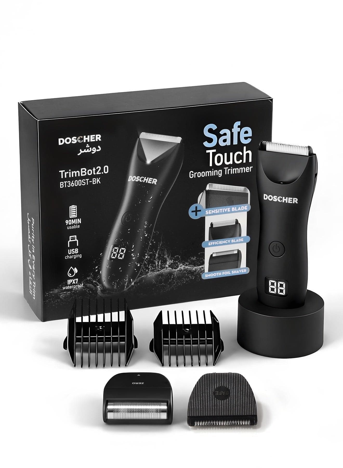 Three-Head Body Hair Trimmer for Men, Skin Safe Foil Razor, Waterproof Wet/Dry Electric Groomer with LED Display, No-Nick Shaver Kit, USB Rechargeable with Charging Dock, Guide Comb & Travel Lock