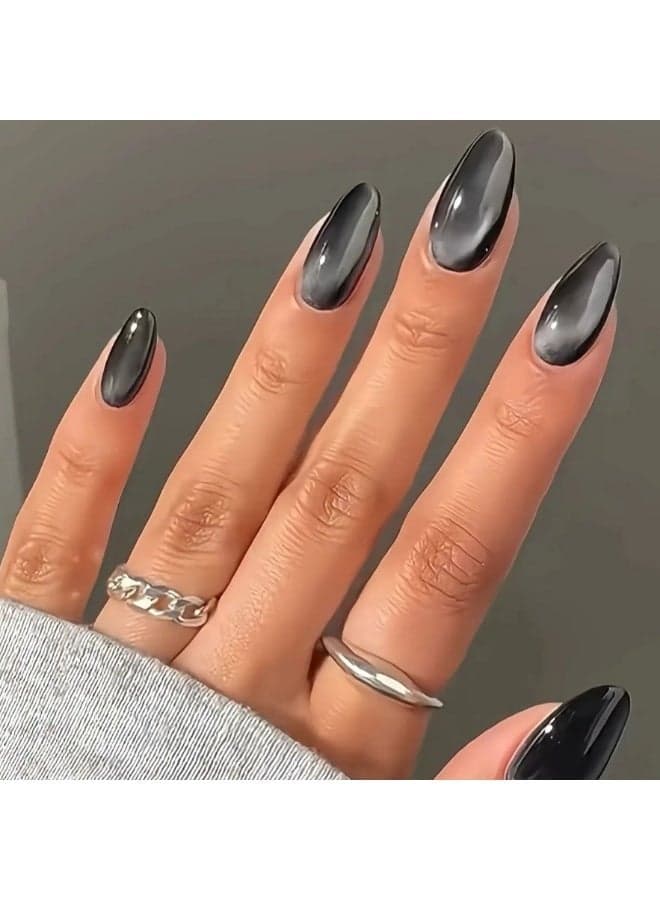 Black Cat Eye Fake Nails 24 Pcs Set | Long Almond Press On Nails | Glossy Mirror Metallic Finish | Reusable Nail Tips with Adhesive | Durable and Lightweight ABS | Easy DIY Manicure at Home | High Shine Nail Art Set for Women Girls