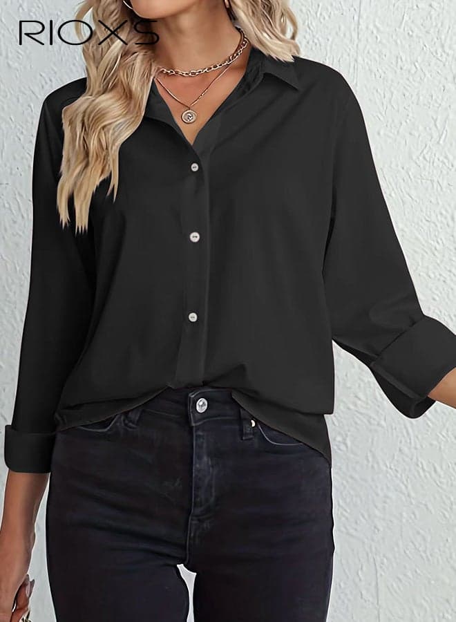 Womens' Button Down Shirt, Classic Long Sleeve Collared Tops, Loose Fit Business Casual Work Outfits, Basic Office Blouse, Black Shirt for Ladies, Comfortable Dressy Shirts Matched with Jeans, Skinny Leggings, Hot Pants and Various Shoes