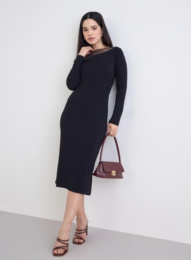 Styli Women Black Mesh Insert Midi Dress