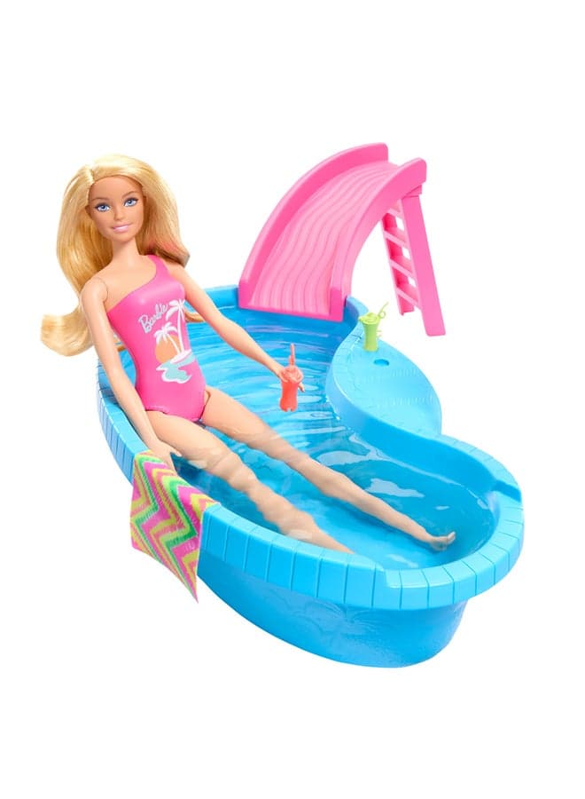 Doll And Pool Playset, Blonde In Tropical Pink One-Piece Swimsuit With Pool, Slide, Towel And Drink Accessories