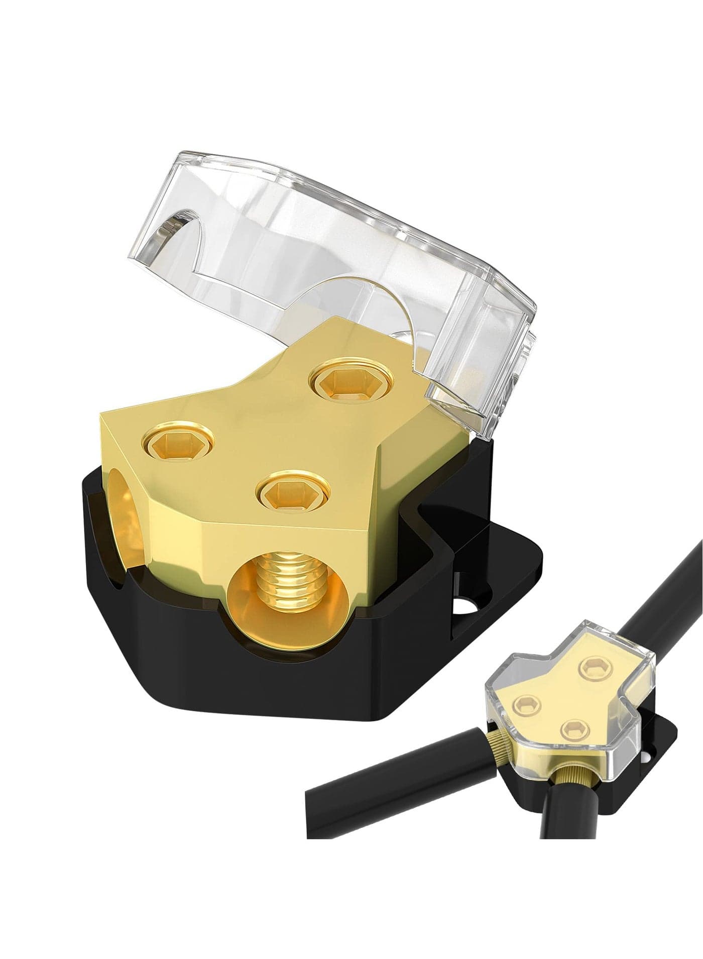 2-Way Car Audio Power Distribution Block, 0/2/4 Gauge Input to 4/8/10 Gauge Output, Ground Distribution Block for Amplifiers in Auto, Car, and Boat Audio Systems