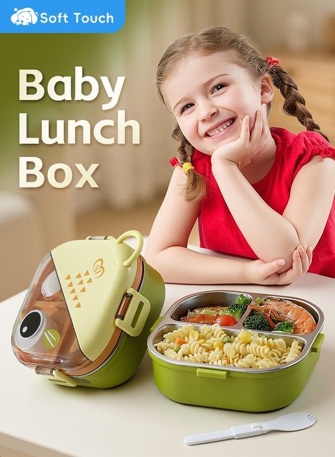Stainless Steel Baby Lunch Box, Kids Tiffin Box, Toddler Bento Box with Handle, Baby Food Container with Lid, Kids Snack Box with Sauce Cup and Spoon for School Travel Home (Green)