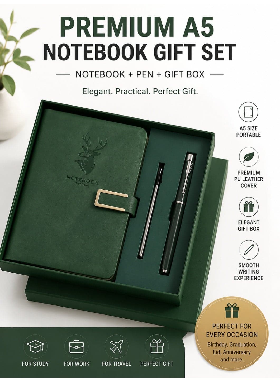 Premium A5 Notebook Gift Set with Pen and Gift Box, Green PU Leather Cover Journal Diary, Portable Writing Notebook for Office, School, Travel, Study and Daily Notes