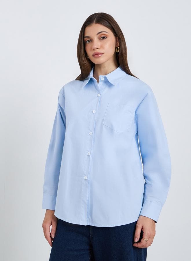 Women Blue Long Sleeve Shirt with Pocket