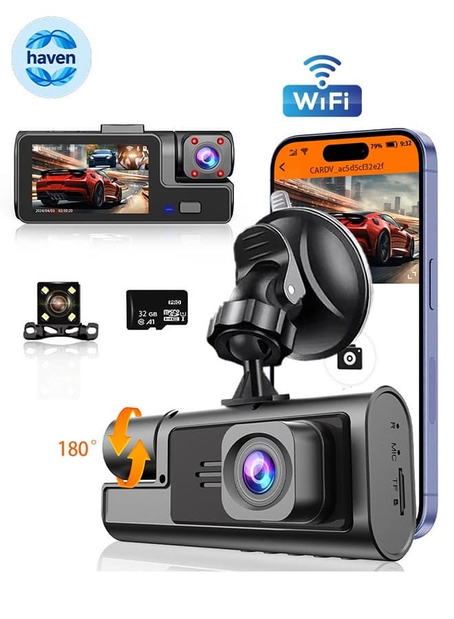 HD 1080P Dash Cam 3 Channel Dash Cam Front Rear and Interior Dash Cam Car Camera Night Vision Dash Cam for Cars with 32GB Memory Card