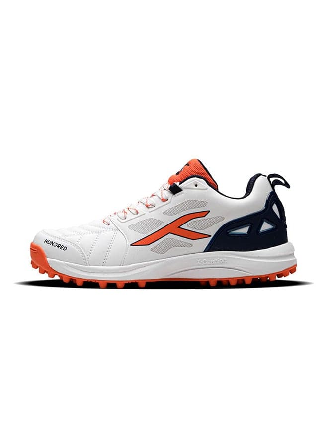 Hundred TerraField Cricket Shoes | TerraSpike Rubber Studs | Embedded Support Plate for Stability | Lightweight & Durable | Ideal for Turf, Ground & Hard Surfaces (White/Orange/Navy ; UK 9)