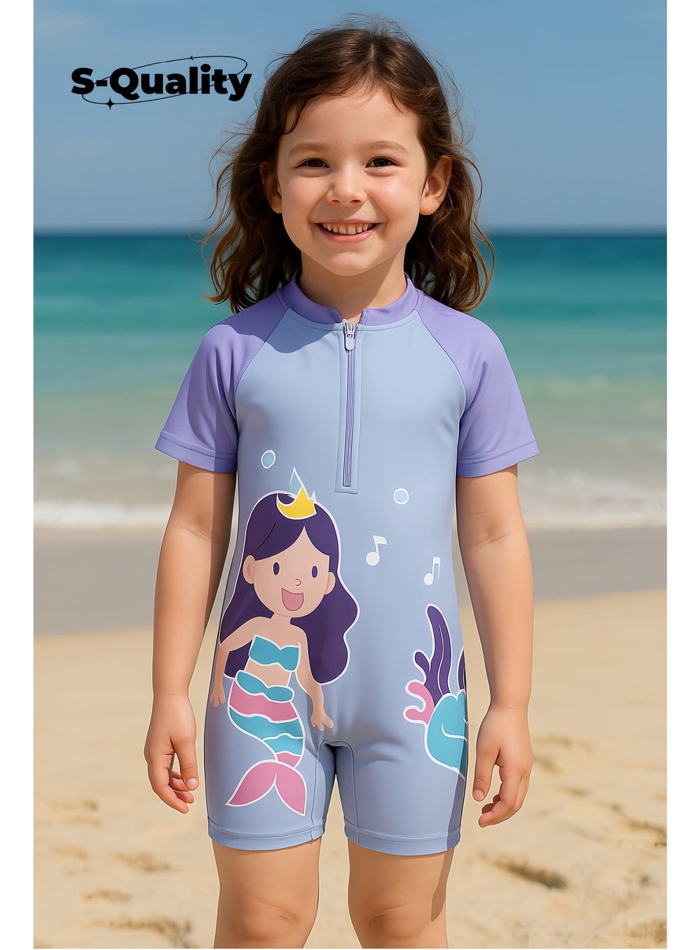 Kids One-Piece Swimsuit – Cartoon Mermaid Print, Soft Fabric, Round Neck