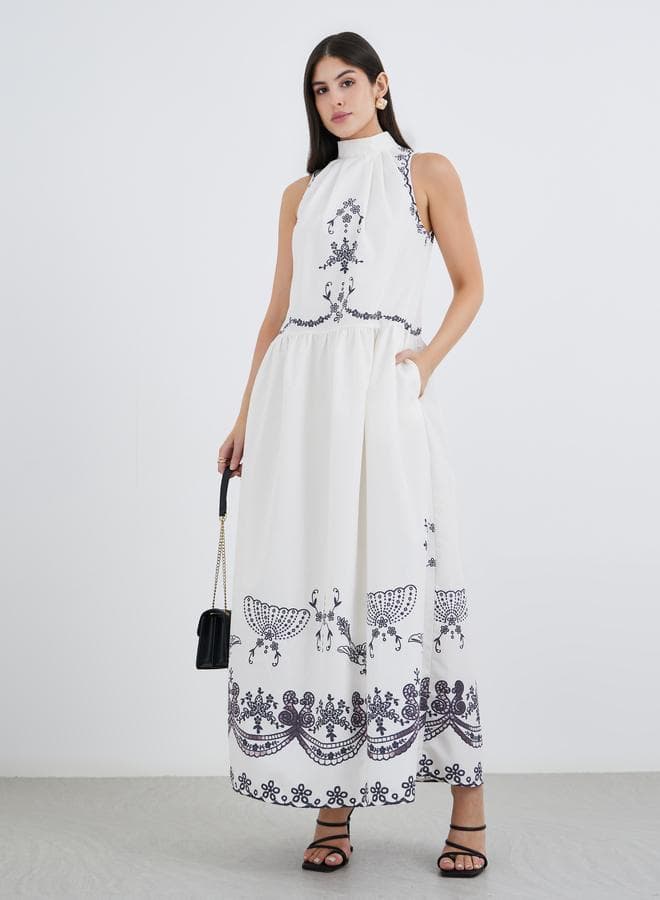 Floral Border Print Halter Neck Maxi Dress