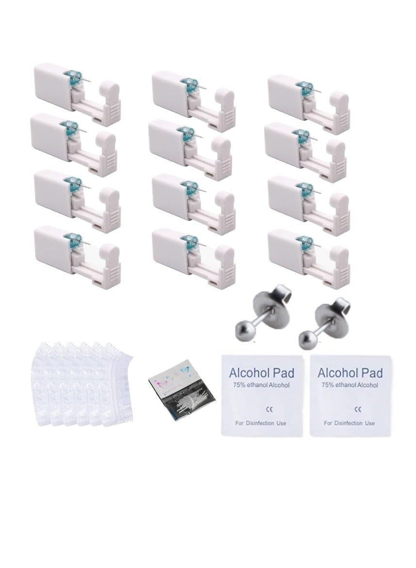 12 Pairs No Pain Ear Piercing Kit, Disposable Self Piercing Gun with 24Pcs Ear Studs & Cleaning Tools, Portable Nose Ear Piercer for Home Household Use, Safe Easy-to-Use Body Piercing Tools for Men Women(203)