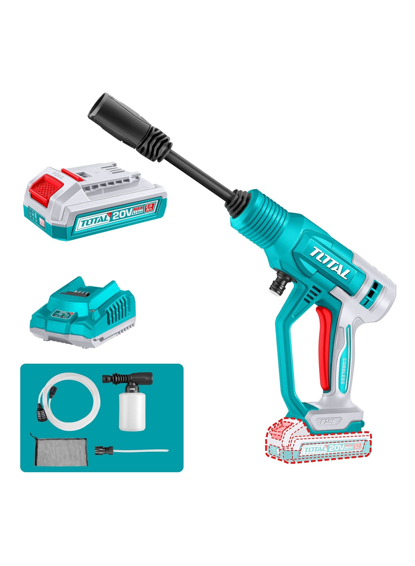TOTAL 20V Cordless Portable Pressure Washer (24.8 Bar) - Self-Suction Power Washer with 6m Hose, 2-Pattern Spray Gun, 300ml Foam Producer, 2.0Ah Battery & Charger - TPWLI20362