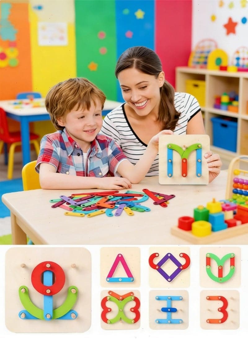 Wooden Letters Numbers Construction Set, Stacking Blocks Toy, Educational Preschool Activity with Stacking Board, Montessori Learning Toy for Toddlers 3+ to Learn Colors, Shapes & Sorting