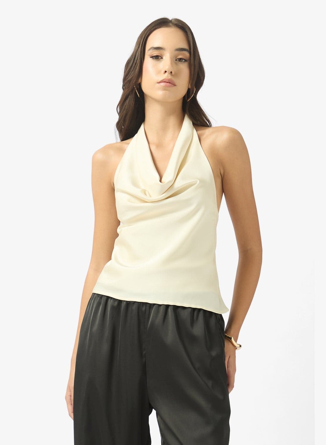 Halter Neck Satin Top with Lace Detail