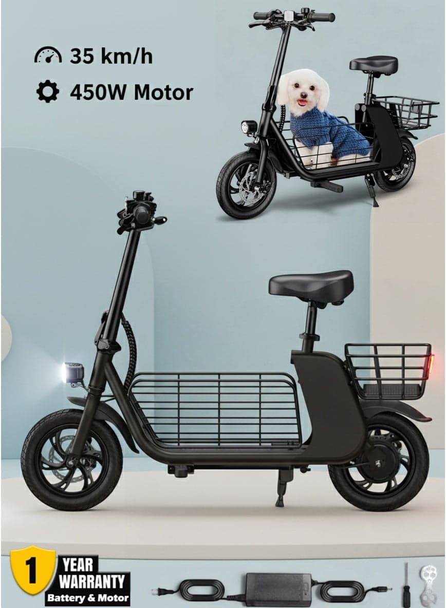 C2 Cargo Electric Scooter 450W Motor, 35KM/H Speed, 36V 8Ah Battery, 25–30KM Range, Aluminum Alloy Frame, Dual Disk Brakes, Large Front and Rear Storage Baskets, 12-Inch Tires – Ideal for Delivery, Commuting and Urban Rides