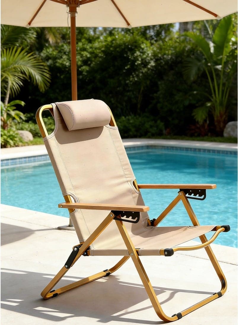 Beige Foldable Camping Chair, Heavy Duty Steel Frame Portable Seat, 80KG Load Bearing, Oxford Fabric Lightweight Chair for Fishing, Beach, Picnic, Hiking & Outdoor Travel