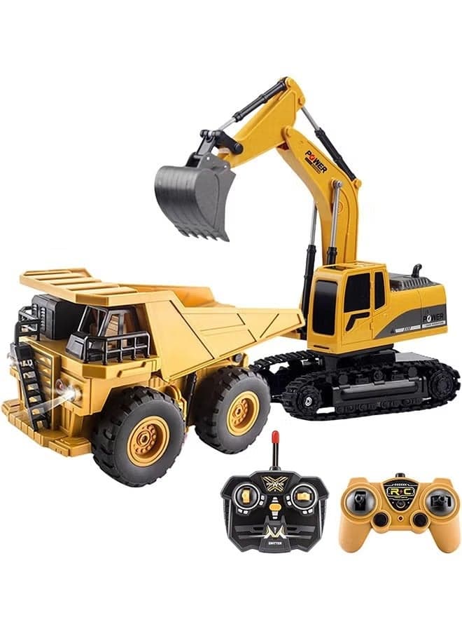 2-Piece Remote Control Construction Toy Set RC Excavator & Dump Truck with Lights/Sounds,Realistic Play for Toddlers Ages 6+ (Ideal Birthday Gift for Boys & Girls)