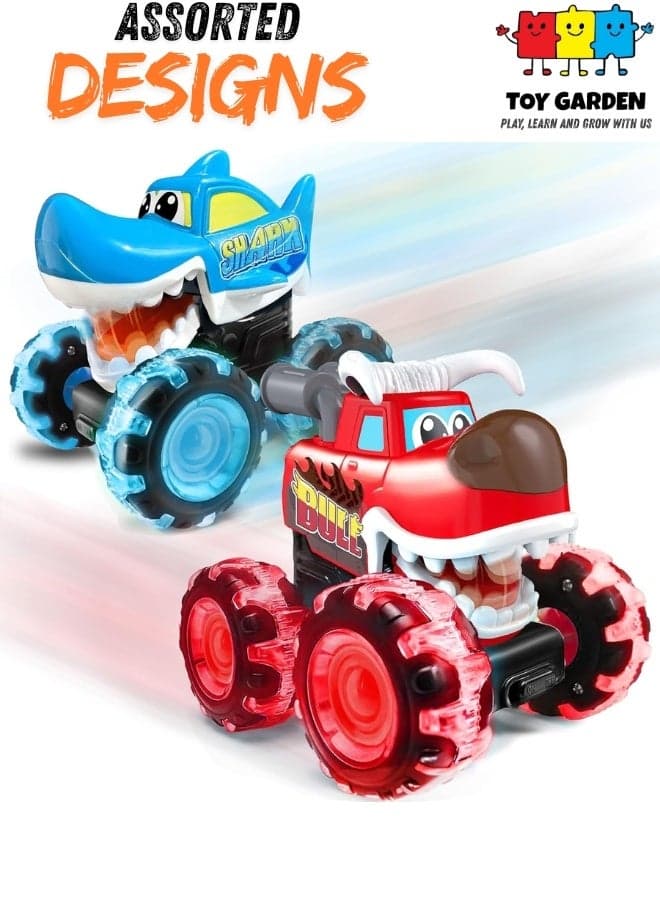 Assorted Bull or Shark Monster Truck Toys with Light-Up Wheels & Chomping Action – Pull Back Vehicles for Kids – Assorted Colors Red and Blue – Fun Birthday Gift for Boys & Girls Ages 3+
