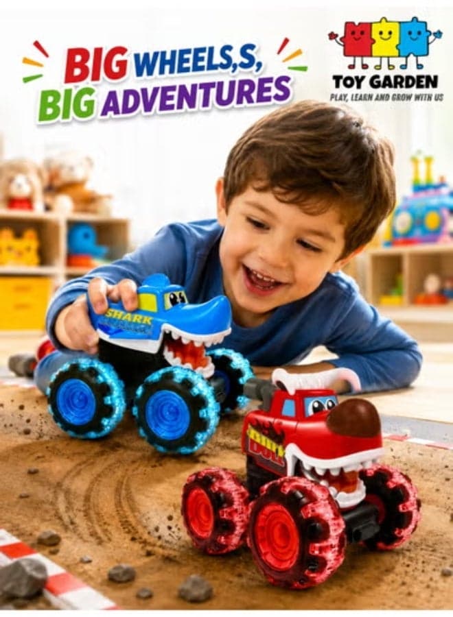 Assorted Bull or Shark Monster Truck Toys with Light-Up Wheels & Chomping Action – Pull Back Vehicles for Kids – Assorted Colors Red and Blue – Fun Birthday Gift for Boys & Girls Ages 3+