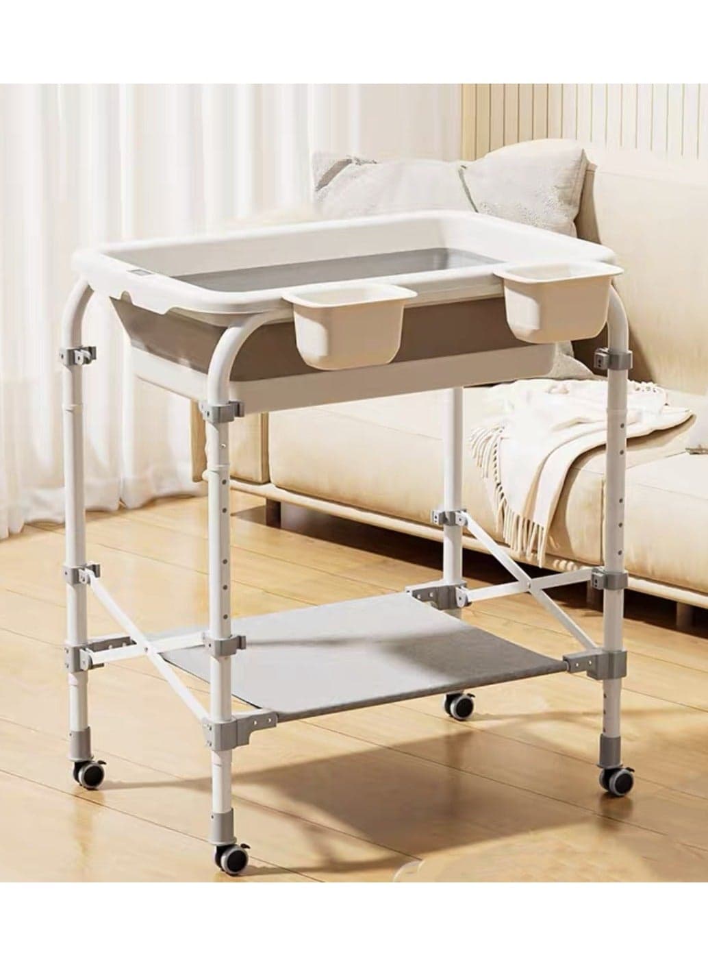 Foldable Baby Bathtub with Stand and Wheels, Portable Newborn Infant Bath Tub with Storage Baskets, Heightened PP Baby Basin for Indoor Outdoor Use, Easy Storage Bath Tub for Babies and Toddlers