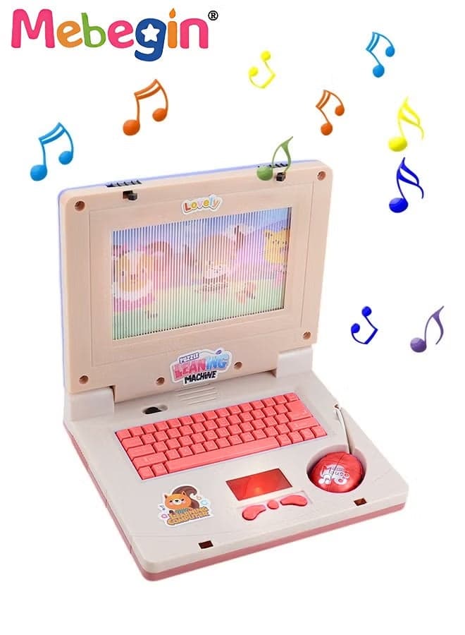 Kids Learning Laptop with Music and Light, Play Laptop Computer Electronic Educational Learning Computer, Simulation Music Preschool Pretend Toys with Retractable Mouse for Early Learning, Pink