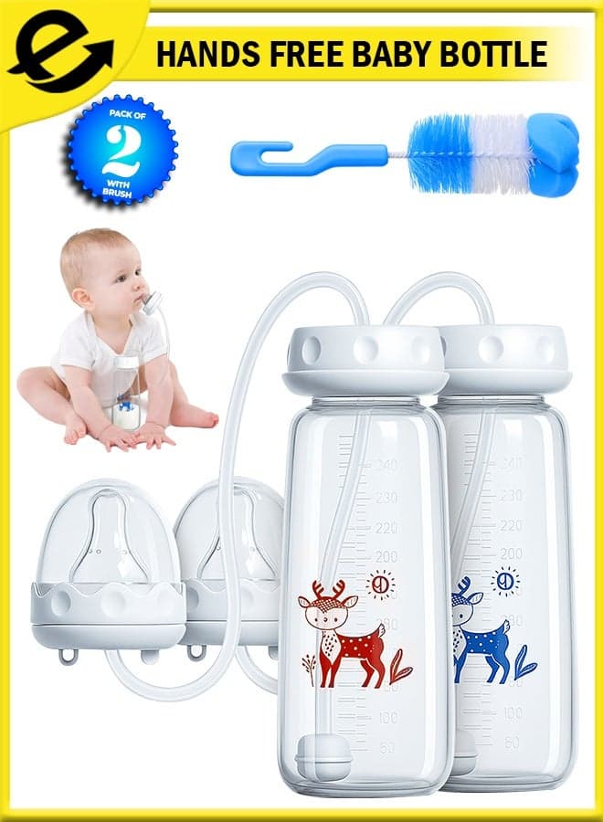Hands-Free Baby Feeding Bottles 240ml 2 Pack Self-Feeding, Anti Colic BPA Free Newborn & Infant Baby Bottle Set with Cleaning Brush Ideal for Travel & Home Use