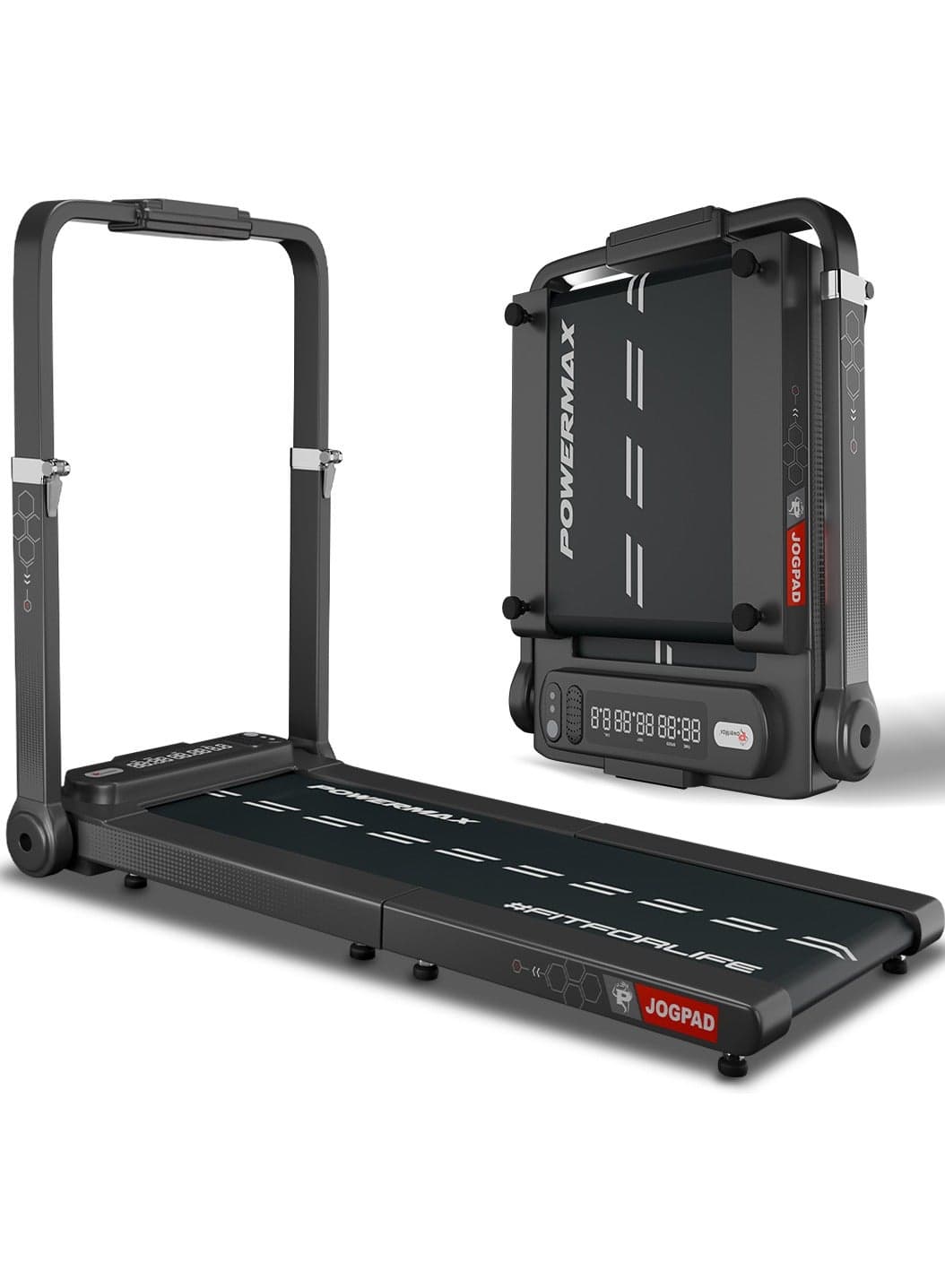 PowerMax Fitness JOGPAD (4HP Peak) Motorized Foldable Treadmill for Home Use with Handle, Remote Control, Max User 120kg, Top Speed 12kmph, Running Deck 1080mmx400mm, Bluetooth, Speaker, mobile holder