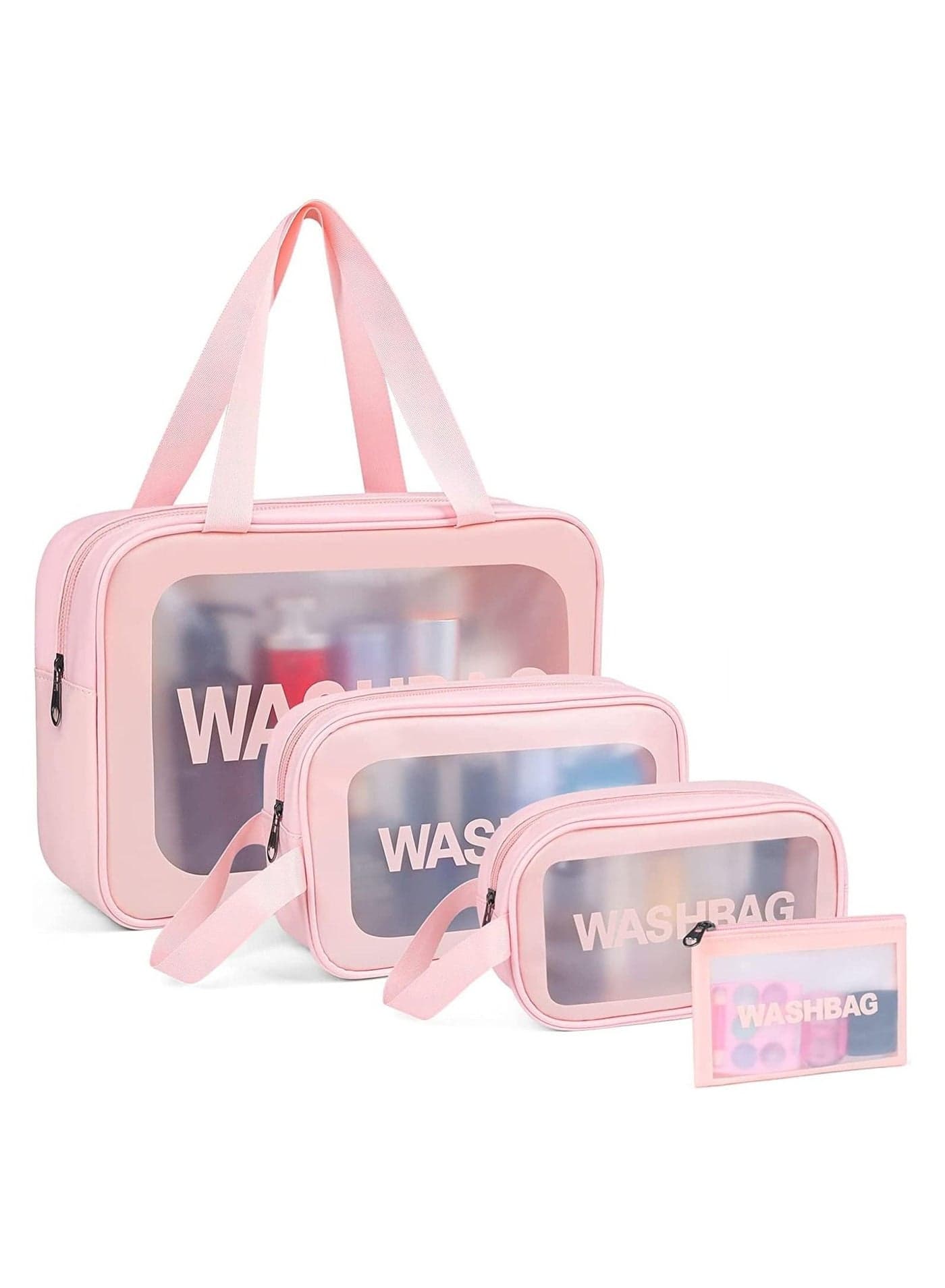 Travel Cosmetic Makeup Bags for Women, 4Pcs Different Size Travel Clear Makeup Bags with Handle, Large Capacity Translucent Waterproof Travel Cosmetic Bags for Women Travel and Bathroom (Pink)