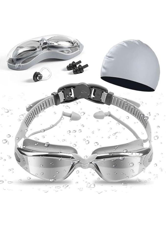 Grey Swimming Goggles & Silicone Swim Cap Set for Adults | Anti-Fog UV Protection Clear Lenses | Waterproof Goggles with Nose Clip & Earplugs