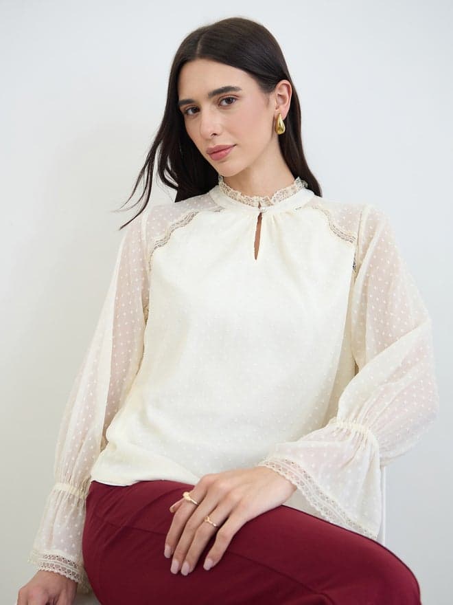 Off-White Lace Trim Dobby Blouse