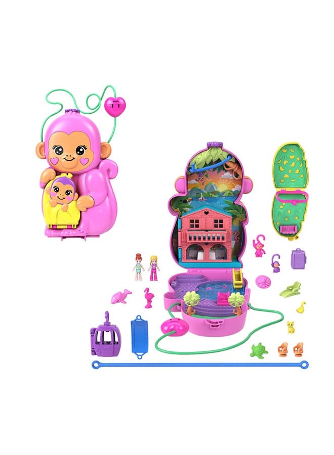 Dolls & Playset with Pets & 13 Accessories, 2-in-1 Momma Monkey & Baby Wearable Purse & Animal Toy