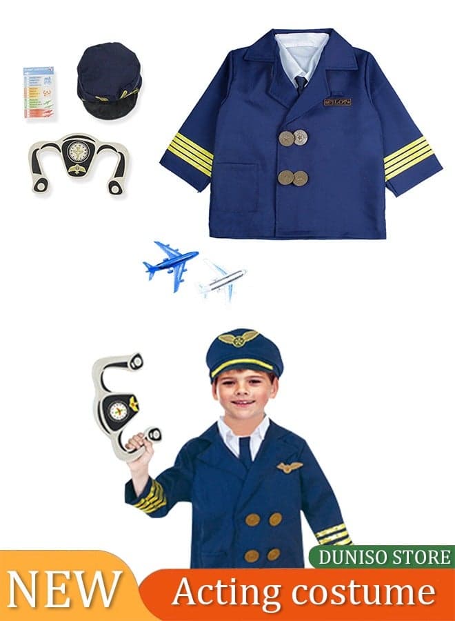 Children's pilot costume, suitable for boys and girls to wear flight prop suits, role-playing sets, equipped with a hat and toy three piece set, suitable for children 3 to 8 years old
