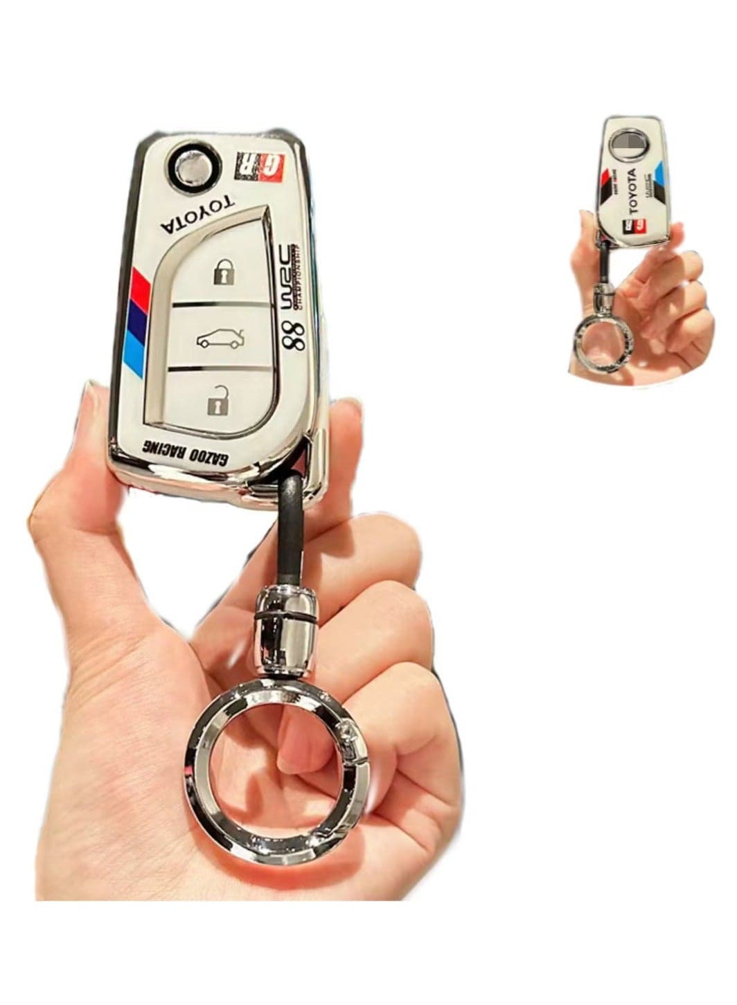 OUYoo TPU Case Key Fob Cover For Toyota C-HR Camry Corolla Fortuner Highlander Levin RAV4 LE Sequoia Sienna Tacoma Tundra Yaris Car Key Shells,With a key chain(white)