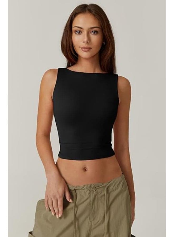 Slim Fit High Neck Crop Tank Top | Y2K Open Back Stretch Soft Fabric Sleeveless Women Inner Top