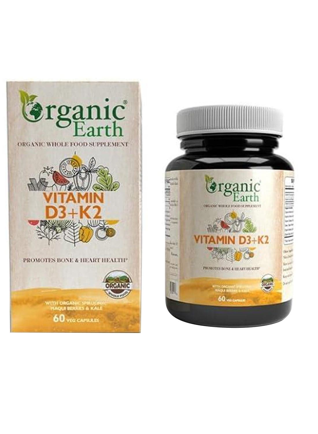 Vitamin D3+K2 with Organic Spirulina, Maqui Berries & Kale 60 Capsules