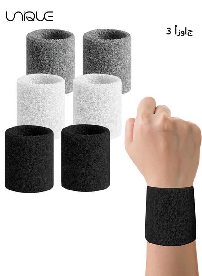 Sports Wrist Sweatbands, 3 Pairs – Absorbent Cotton for Tennis, Football & Basketball