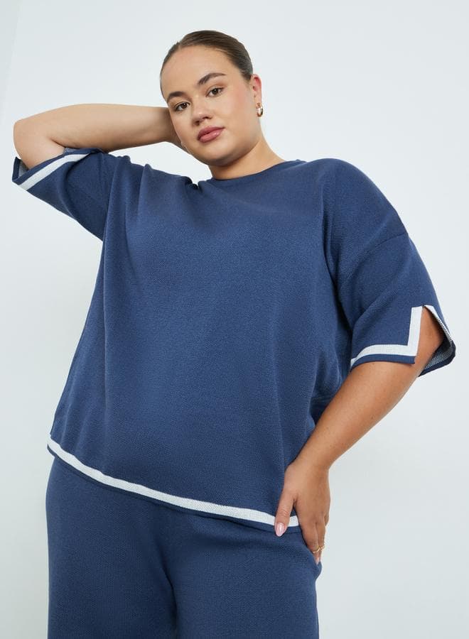 Styli Plus Size Navy Blue Short Sleeve Top