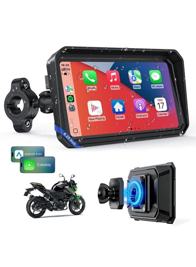 6.25 Inch Wireless Motorcycle Carplay GPS Navigation System with Apple Carplay and Android Auto Portable Screen with Dual Bluetooth, Navigation, Siri, Google Assistant
