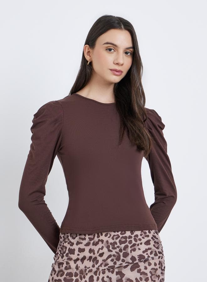 Take Two Brown Solid Puff Sleeve Knit Top