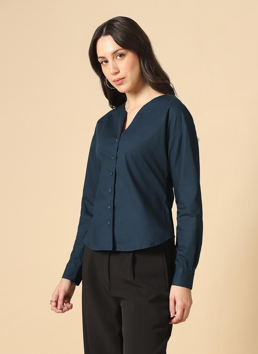 Globus Women Navy Blue Curved Hem Formal Shirt with V Neck and Cuffed Sleeves
