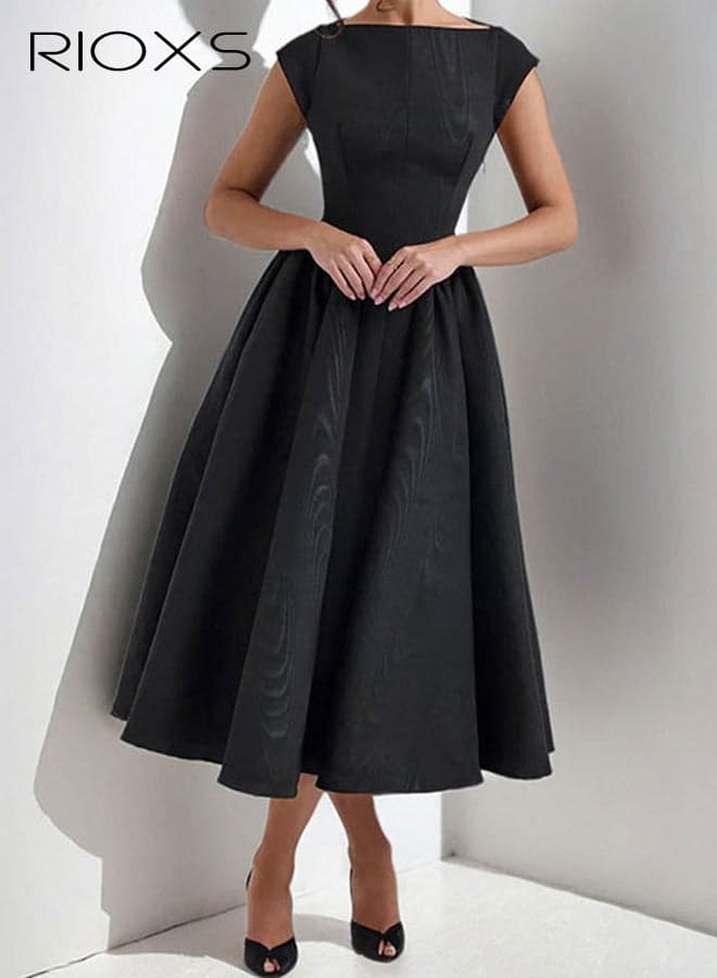 Women's Sleeveless Backless Boat Neck Dress, Summer Vintage Fit and Flare A-Line Tea Dress, Semi Formal Work Wedding Guest Dresses for Prom Party Work